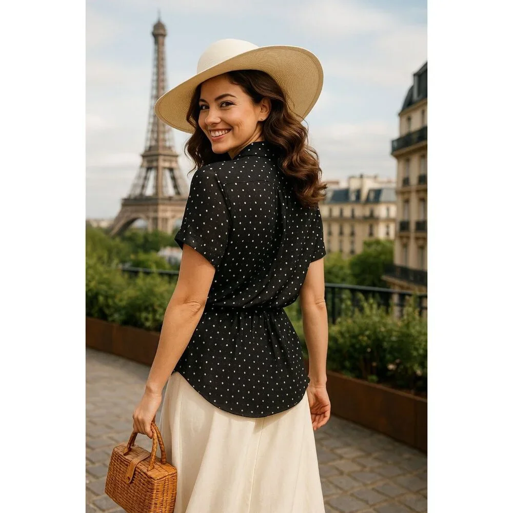 The Limited Silk XL Black White Polka Dot Sheer Blouse Short Sleeve Sheercore - Picture 7 of 11
